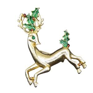 Vintage Brooch Pin Christmas Reindeer Gerry's Gold Tone Enamel Deer Gift Box